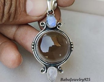 Smoky Quartz Pendant, 925 Sterling Silver Pendant, Moonstone Pendant, Handmade Pendant, Gift For Wedding, Anniversary Gift, Quartz Gemstone