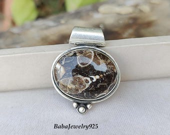 Handcrafted Turritella Agate Pendant: 925 Sterling Silver Necklace