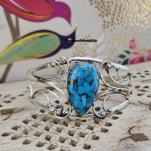 Blue Copper Turquoise Bangle, 925 Sterling Silver Bangle, Women Bangle, Handmade Bangle, Adjustable Bangle, Statement Bangle, Gift For Her,