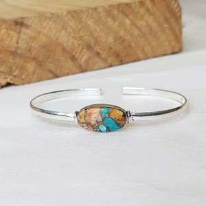 Oyster Copper Turquoise Bangle, 925 Sterling Silver Bangle, 10x20 MM Oval Gemstone Bangle, Oyster Cuff Bangle, Gift For Women, Gift For Her