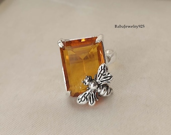 Anillo de citrino, anillo de plata de ley 925, anillo llamativo, anillo de abeja, anillo de plata con piedras preciosas, anillo de piedra amarilla, anillo de promesa, ///