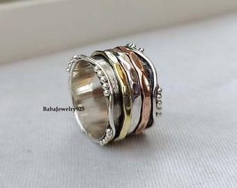 Spinner Ring, Copper & Brass Spinner Ring, 925 Sterling Silver Ring, Designer Jewelry, Boho Band Ring, Silver Jewelry, Stylish Band Ring ///