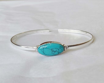 ターコイズストーンバングル：925スターリングシルバー製調節可能な