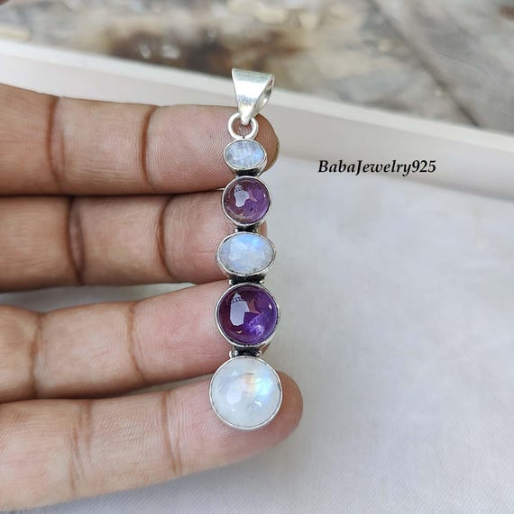 Handmade Sterling Silver Moonstone Amethyst 5-stone Pendant