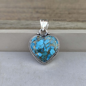 Natürlicher blauer Kupfer-Türkis-Anhänger, 925 Sterlingsilber-Anhänger, handgemachte Halskette, Herzform-Anhänger, Designer-Anhänger, Weihnachtsgeschenk