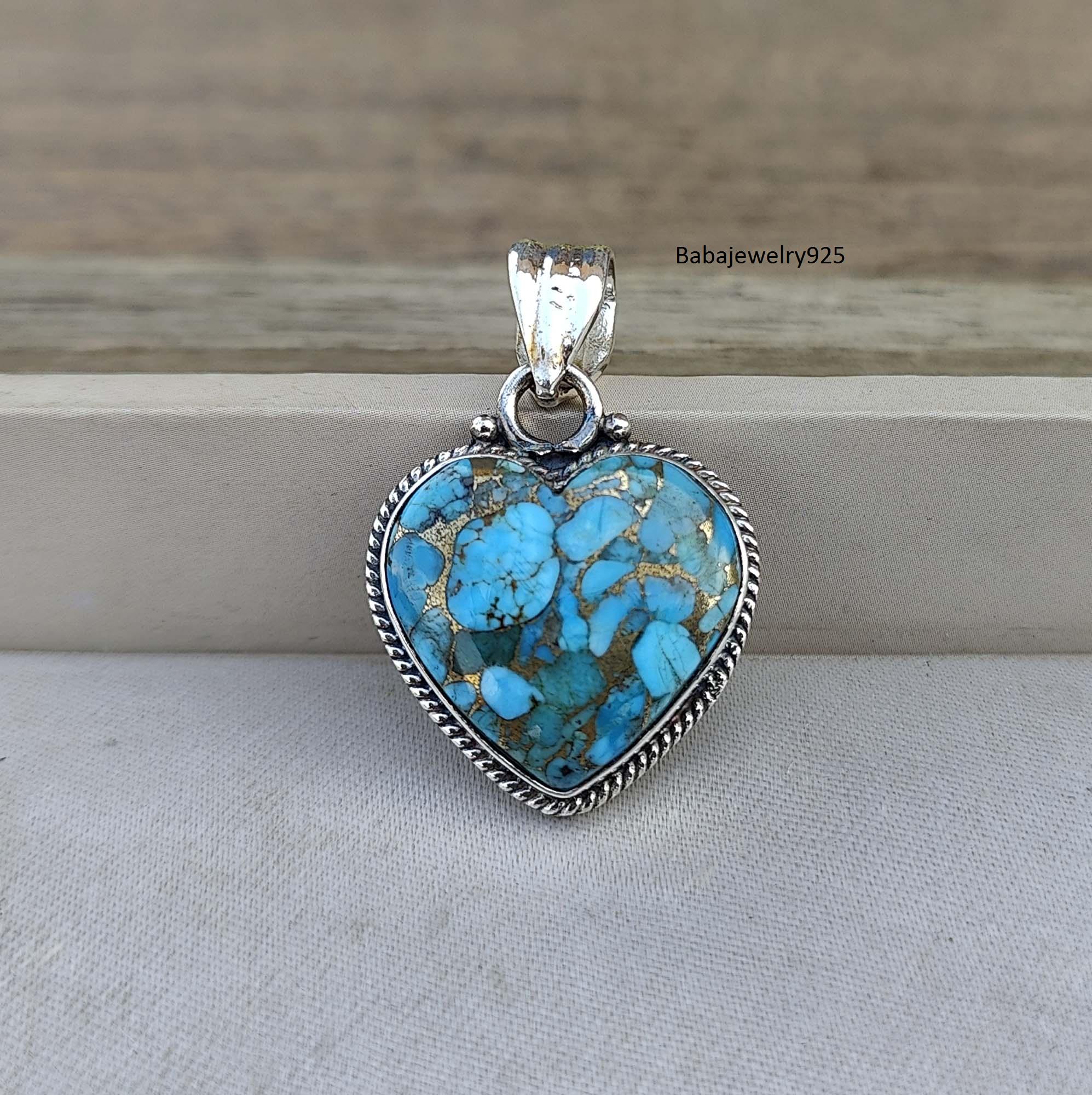 Handmade Sterling Silver Heart Pendant: Blue Copper Turquoise Necklace