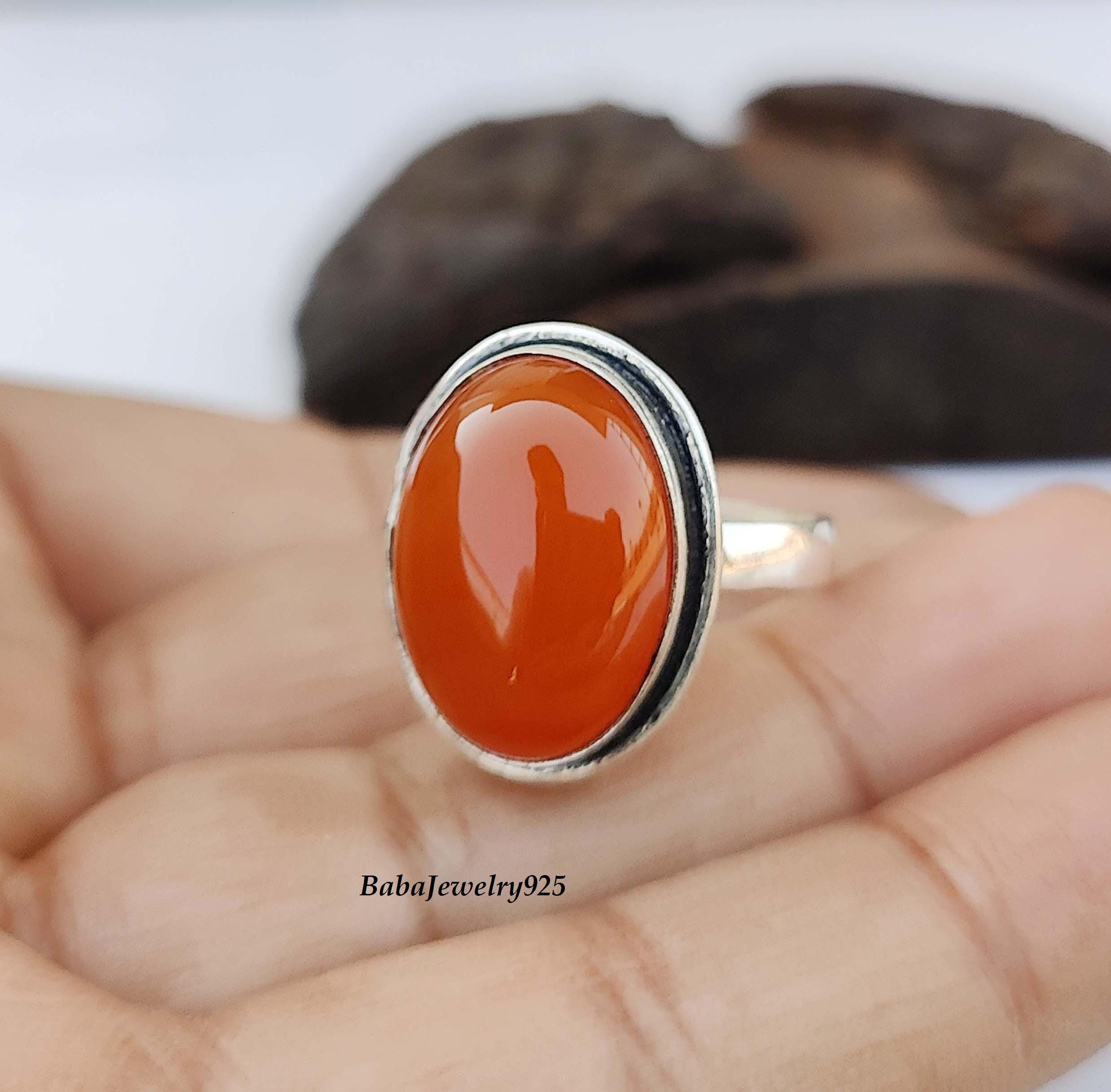 Bague Réglable En Argent Massif 925 Avec Une Magnifique Cornaline Orange Naturelle De 26 Carats
