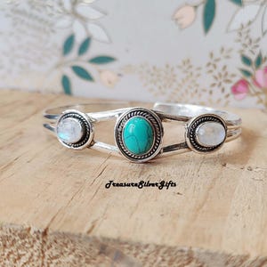 Handmade Sterling Silver Bangle: Turquoise & Moonstone Jewelry