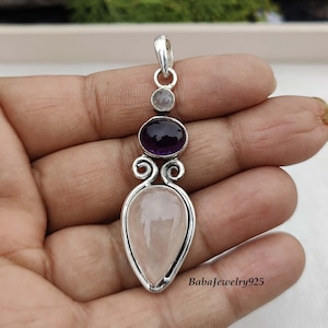 Sterling Silver Rose Quartz, Amethyst & Moonstone Pendant