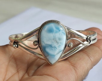 Natural Larimar Bangle, Statement Jewelry, 925 Sterling Silver Bangle, Handmade Bangle, Gemstone Bangle, Adjustable Bangle, Gift For her ///