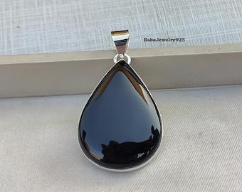 Pear Black Onyx Pendant: 925 Sterling Silver Healing Necklace