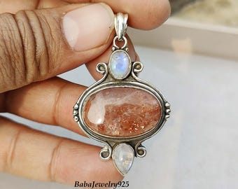 Sunstone Pendant, 925 Sterling Silver, Moonstone Necklace, Designer Pendant, Three Stone Pendant, Silver Pendant,Women Gemstone Pendant