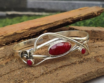 Natural Ruby Bangle, 925 Sterling Silver Bangle, Handmade Bangle, Adjustable Bangle, Gemstone Bangles, Gift For Her, Open Cuff Bangle, ///