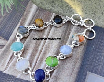 Multi Stein Armband, 925 Sterling Silber Armband, handgemachter Schmuck, natürlicher Edelstein, schönes Armband, Multi Color Edelstein, Geschenkartikel /