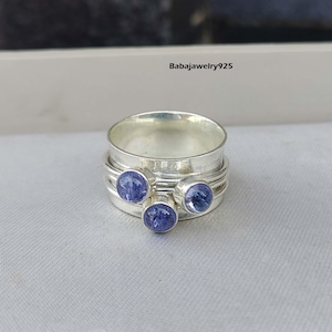 Tanzaniet-spinnerring, 925 sterlingzilveren ring, statementring, tanzaniet-edelsteenring, ring met drie stenen, verlovingsring, cadeau voor haar