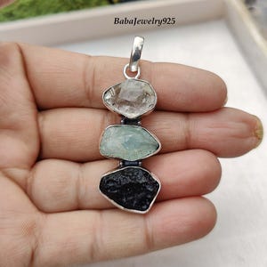 Rå tibetansk tektit-, akvamarin- och herkimerdiamanthänge, halsband i 925 sterlingsilver, hänge med tre stenar, silverhänge, presentartikel
