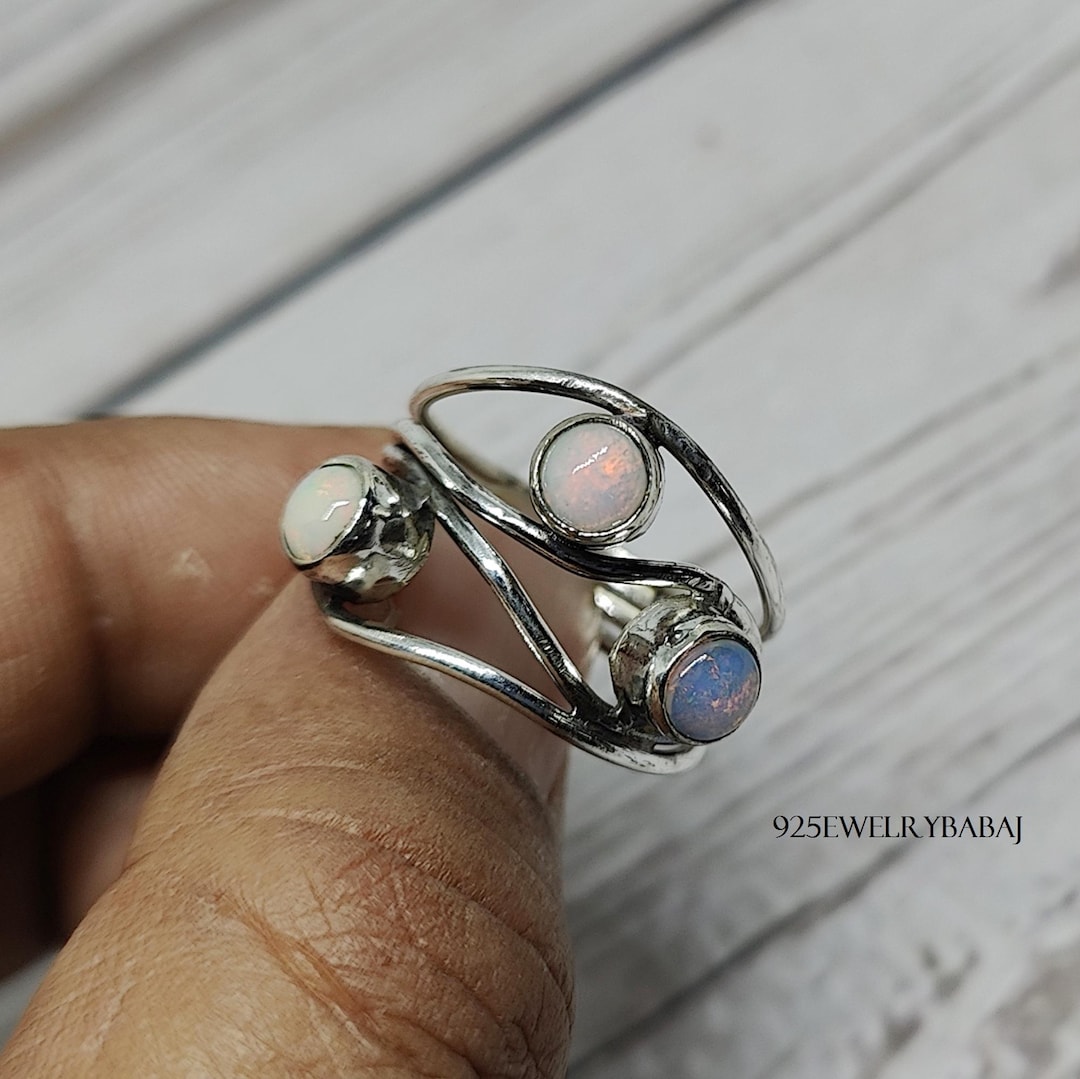 Aurora Opal Gemstone Ring Three Stone Ring 925 Sterling Silver Ring 