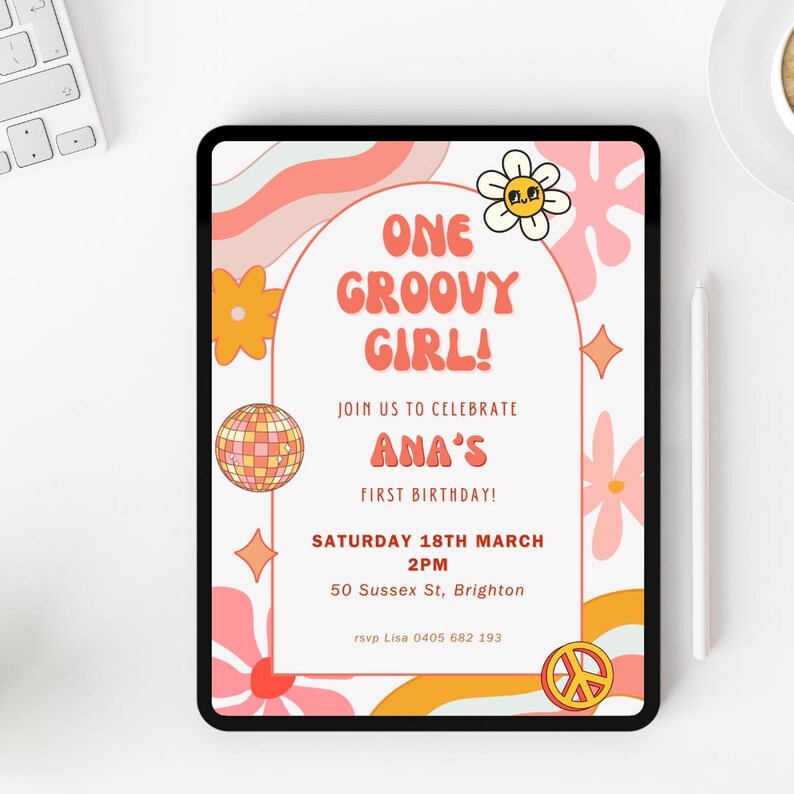 One Groovy Girl First Birthday Invitation, Retro 70s 1st Birthday Party ...