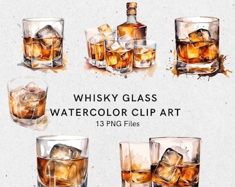 Whiskey Glass Clipart, Whiskey Clipart, Whiskey PNG, Watercolor Clipart Bundle, For Commercial Use
