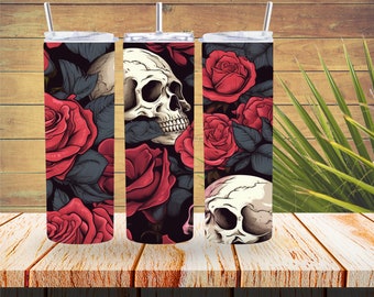 Skull and Roses 20oz Sublimation Tumbler Designs, Bright Colorful 9.2 x 8.3” Straight Skinny Tumbler Wrap, Sublimation Design PNG
