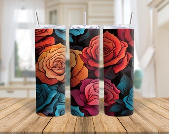 Street Art Style Rose 20oz Sublimation Tumbler Designs, Bright Colorful 9.2 x 8.3” Straight Skinny Tumbler Wrap, Sublimation Design PNG