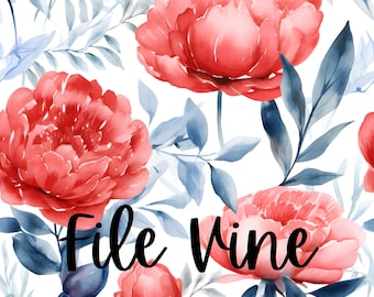 Watercolor Peonies Seamless Pattern, red white and blue, For Commercial Use