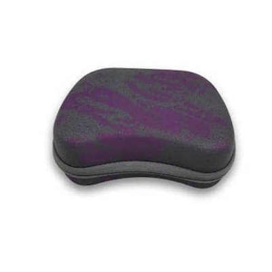 May include: A black and purple patterned hard case for a small electronic device.