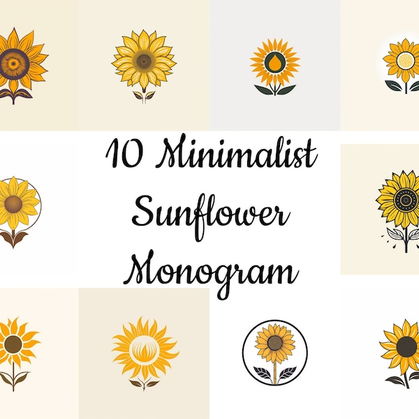 Modern Sunflower Monogram, Illustration Digital Download, Beautiful Flower Monogram, Floral Clipart, Floral Monogram, Minimalist Sunflower