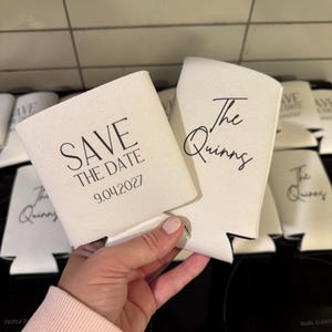 White Wedding Koozie Save the Date | Custom Can Cooler | Wedding Favor | Personalized Koozie | Save the Date Can Sleeve | Engagement Party image 5