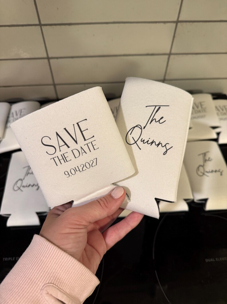 White Wedding Koozie Save the Date | Custom Can Cooler | Wedding Favor | Personalized Koozie | Save the Date Can Sleeve | Engagement Party image 5