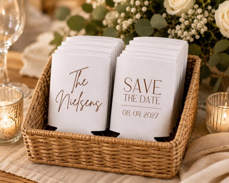 May include: A woven basket filled with white can coolers. One stack reads "The Nielsens" in brown script, and another says "SAVE THE DATE 08.04.2027". The basket sits on a beige tablecloth, with candles and flowers in the background.