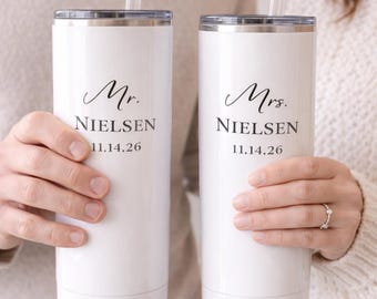 Personalized Mr and Mrs Tumblers | Custom Wedding Date 20oz Skinny Tumbler Set | Bride and Groom Gift | Newlywed Stainless Steel Cups