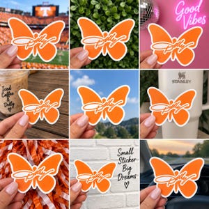 May include: A bright orange butterfly-shaped sticker featuring the word Dolly in a white cursive script. The sticker has a white border and is shown in various settings, including against a stadium, greenery, a neon sign, a cup, and a pom-pom.