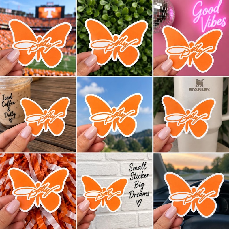 May include: A bright orange butterfly-shaped sticker featuring the word Dolly in a white cursive script. The sticker has a white border and is shown in various settings, including against a stadium, greenery, a neon sign, a cup, and a pom-pom.