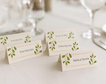 Elegant Greenery Wedding Place Cards: Gold Geometric Frame