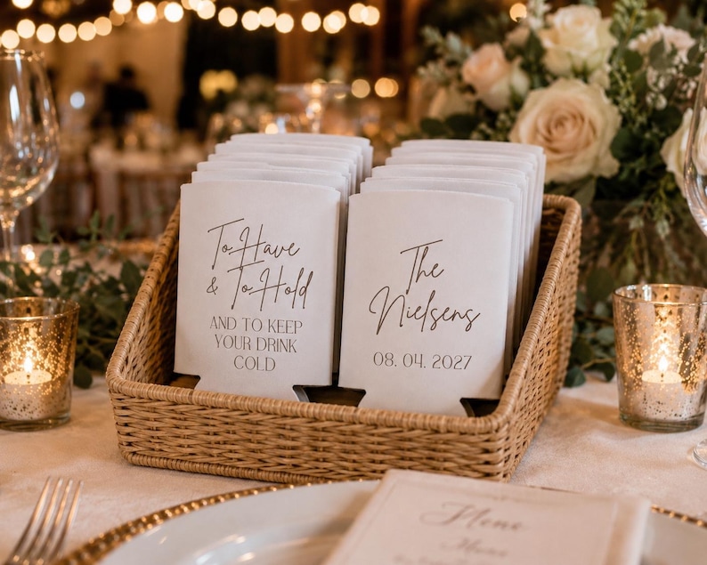 May include: A collection of white foam drink sleeves arranged in a woven basket. The sleeves feature black printed text that reads To Have & To Hold AND TO KEEP YOUR DRINK COLD on one side and The Nielsens 08. 04. 2027 on the other side.