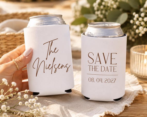 White Wedding Koozie Save the Date | Custom Can Cooler | Wedding Favor | Personalized Koozie | Save the Date Can Sleeve | Engagement Party