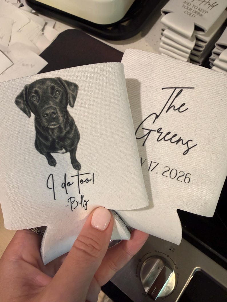 Custom Pet Wedding Koozie with Dog Portrait | Personalized Wedding Favor | Drinks On Me Can Cooler | Pet Lover Wedding Gift image 4