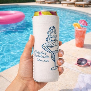 Bachelorette Slim Can Koozie | Desitination Bride | Mermaid Bachelorette Party Favors | Beach Bach Weekend | Custom Bridesmaid Can Cooler image 2