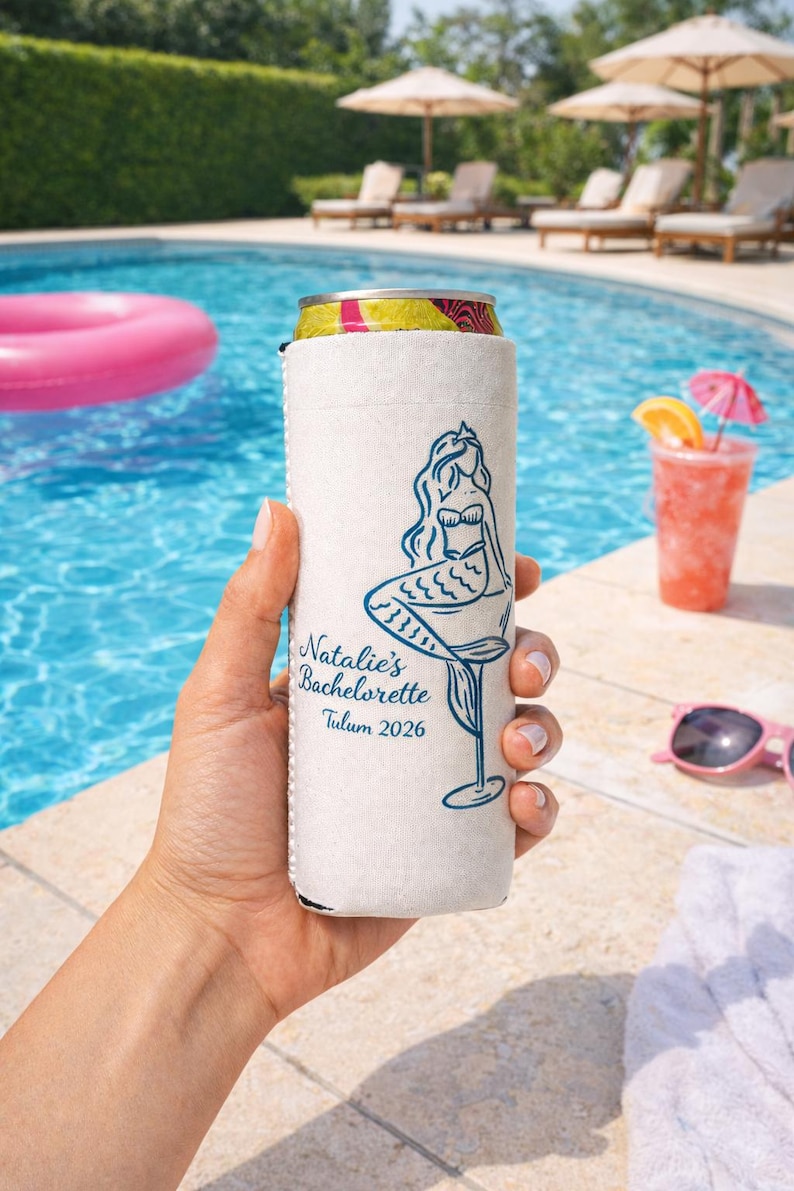 Bachelorette Slim Can Koozie | Desitination Bride | Mermaid Bachelorette Party Favors | Beach Bach Weekend | Custom Bridesmaid Can Cooler image 2