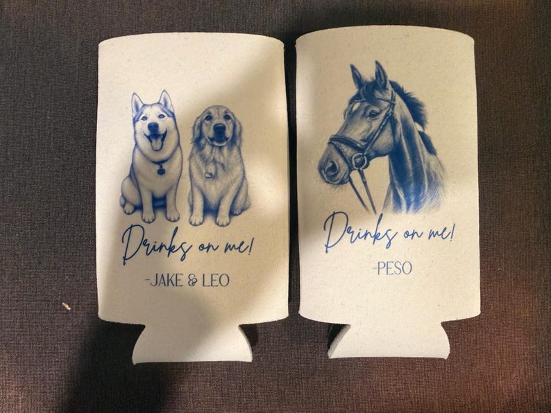 Custom Pet Wedding Koozie with Dog Portrait | Personalized Wedding Favor | Drinks On Me Can Cooler | Pet Lover Wedding Gift image 5