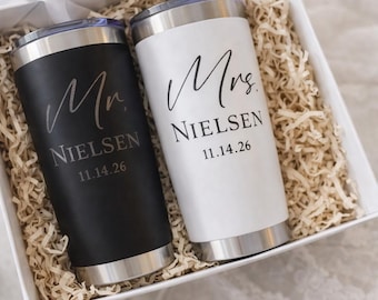 Personalized Mr. and Mrs. Stainless Steel Tumblers | Custom Wedding Cups | Bride & Groom Gift | Engagement, Bridal Shower, Wedding Date Cup