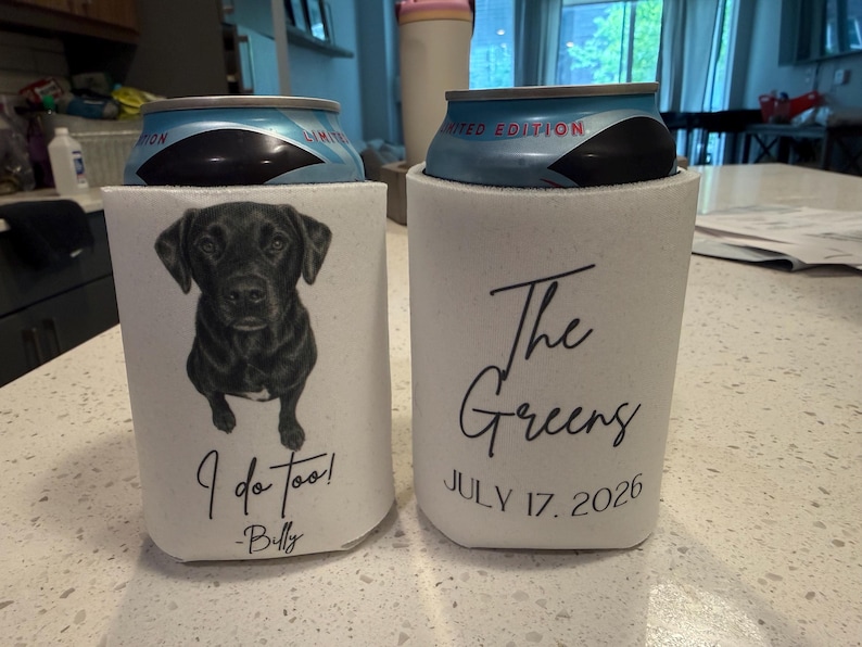 Custom Pet Wedding Koozie with Dog Portrait | Personalized Wedding Favor | Drinks On Me Can Cooler | Pet Lover Wedding Gift image 7