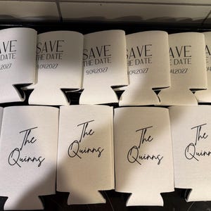 White Wedding Koozie Save the Date | Custom Can Cooler | Wedding Favor | Personalized Koozie | Save the Date Can Sleeve | Engagement Party image 6