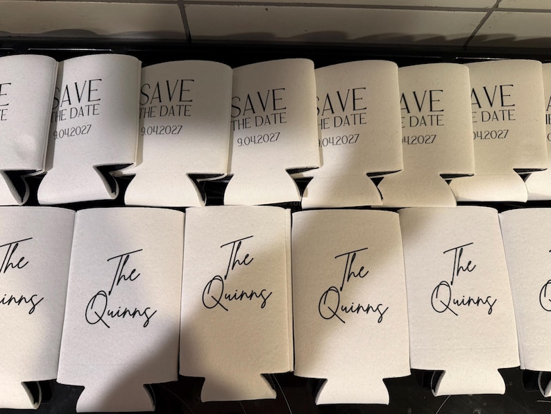 White Wedding Koozie Save the Date | Custom Can Cooler | Wedding Favor | Personalized Koozie | Save the Date Can Sleeve | Engagement Party image 6