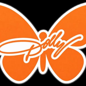 May include: A bright orange butterfly graphic with a white outline against a black background. The word Dolly is written across the center of the butterfly in a white cursive script font, integrated into the shape of the butterfly wings.