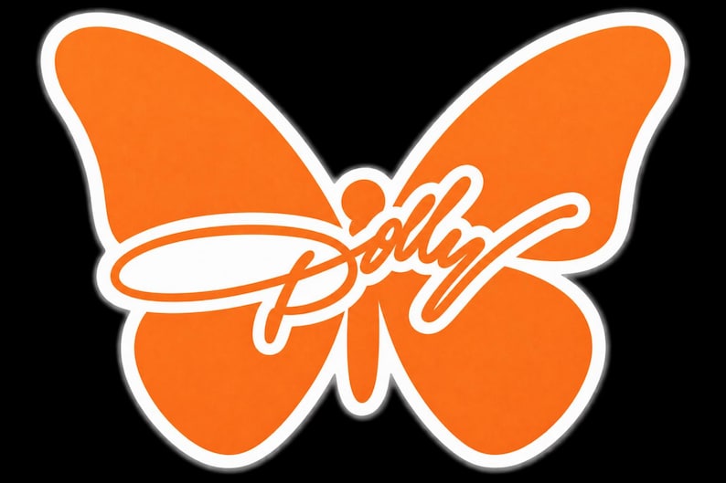 May include: A bright orange butterfly graphic with a white outline against a black background. The word Dolly is written across the center of the butterfly in a white cursive script font, integrated into the shape of the butterfly wings.