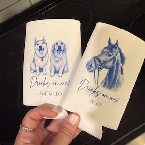 Custom Pet Wedding Koozie with Dog Portrait | Personalized Wedding Favor | Drinks On Me Can Cooler | Pet Lover Wedding Gift image 6