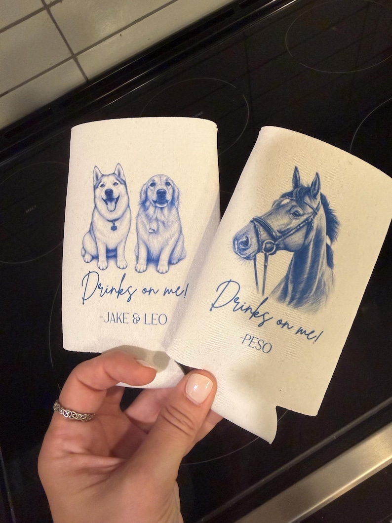 Custom Pet Wedding Koozie with Dog Portrait | Personalized Wedding Favor | Drinks On Me Can Cooler | Pet Lover Wedding Gift image 6