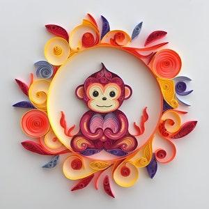 Może przedstawiać: Kolorowa praca z papieru quilling przedstawiająca małpę siedzącą w medytacyjnej pozie. Małpa jest wykonana z różowego, fioletowego i czerwonego papieru, a tło to koło z żółtego, pomarańczowego i czerwonego papieru.